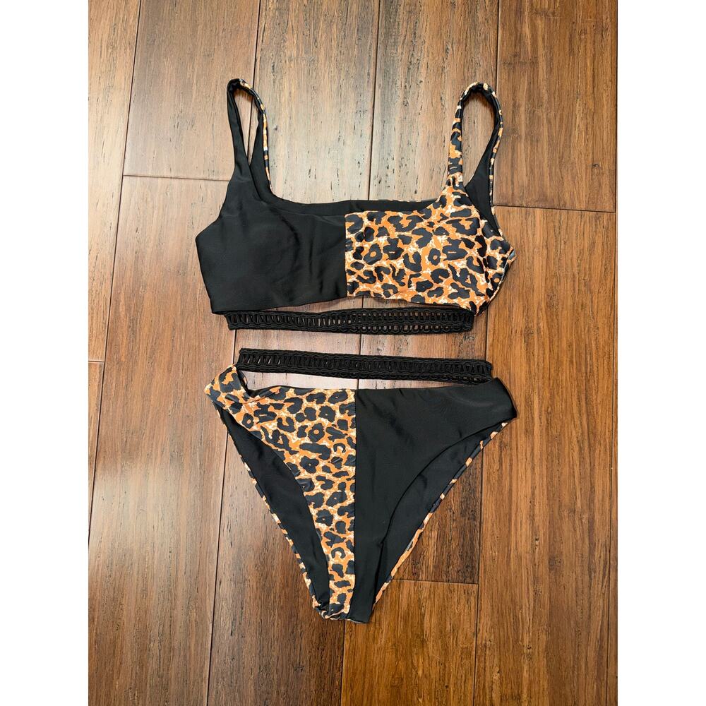 SHEIN Colorblock Leopard Print Ladder Trim Bikini Set Medium